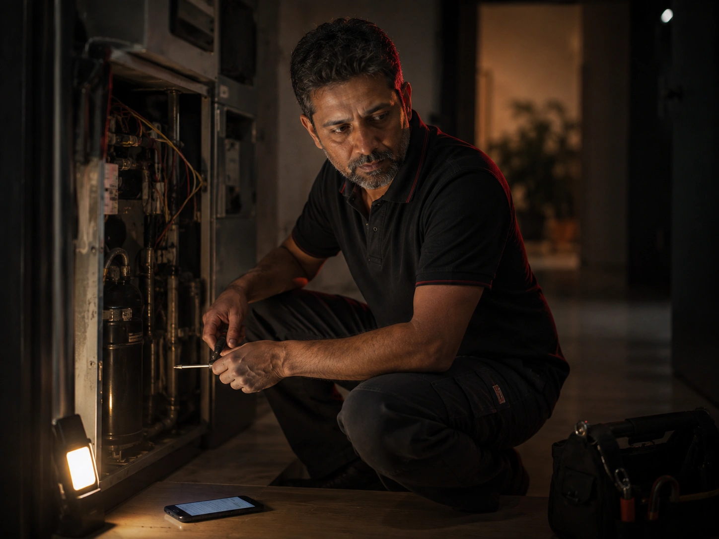 Home services technician reading an enquiry on his phone in a workshop