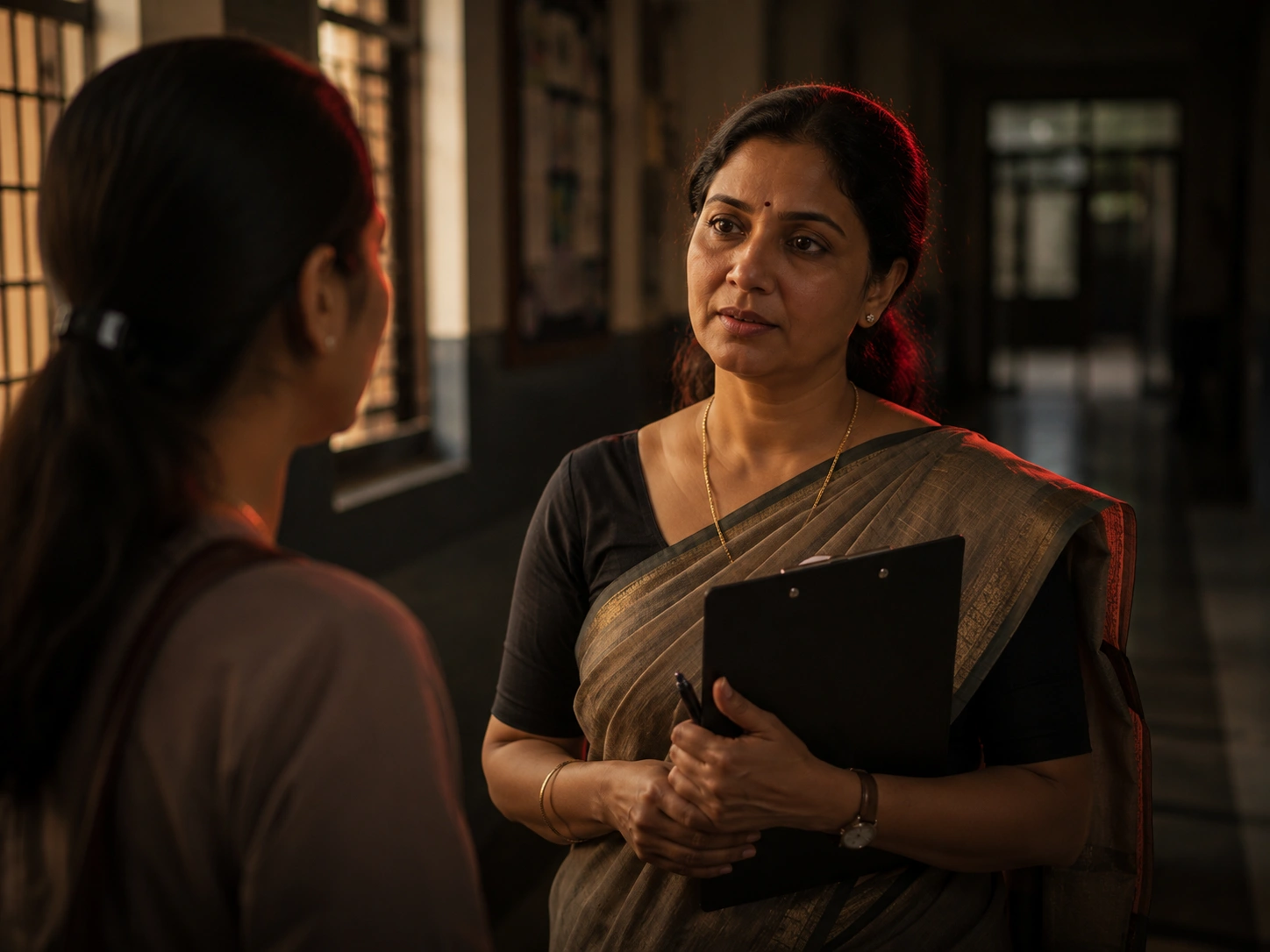 School counsellor speaking with a parent in a corridor during admissions season
