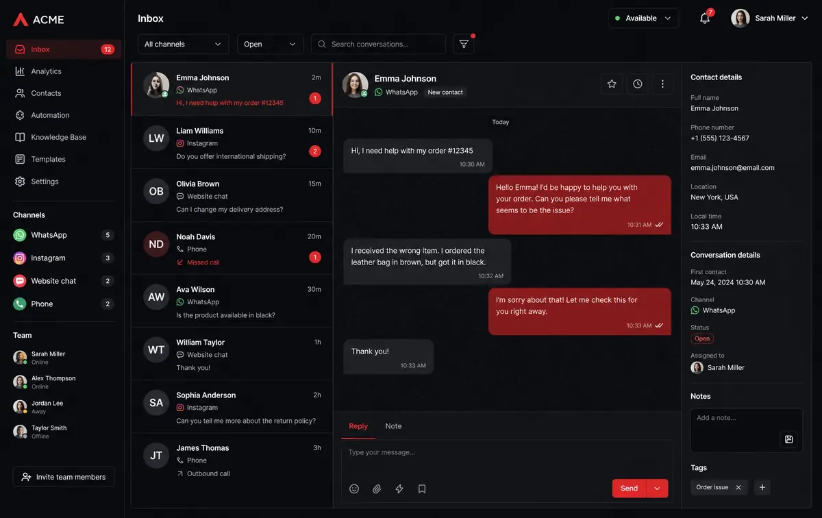 Every channel in one inbox, with WhatsApp, Instagram, website chat and phone enquiries in a single conversation list